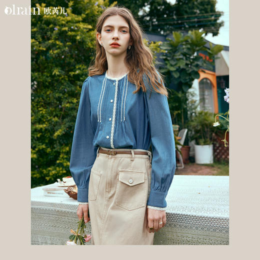 OLrain欧芮儿蓝色衬衫女春季2024年新款蕾丝花边水洗牛仔衬衣上衣 商品图0