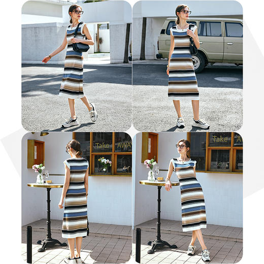 OLrain欧芮儿条纹连衣裙女早春2024年新款气质收腰针织无袖裙子 商品图1
