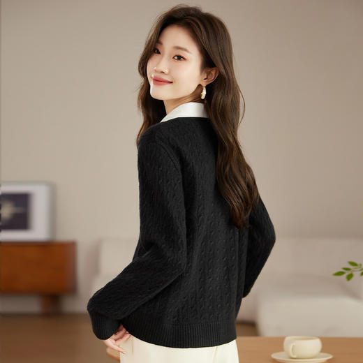 J485衬衫领麻花开衫毛衣外套女短款春秋2024新款春装洋气外搭针织上衣 商品图3