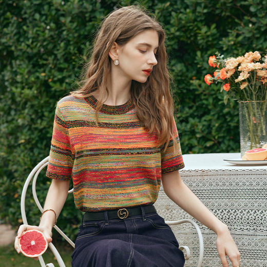 OLrain欧芮儿条纹针织衫女早春2024年新款彩色渐变别致短袖上衣 商品图1