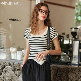 OLrain欧芮儿黑白条纹针织衫女早春2024年新款正肩冰丝短袖T恤