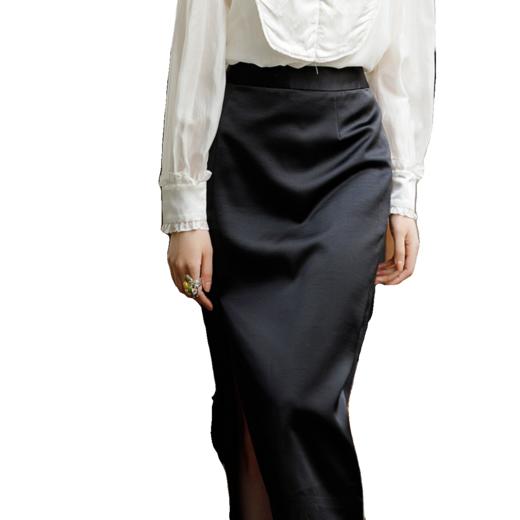 扶摇 新中式半身裙女高腰a字国风盘扣天丝黑色裙开叉中长裙 商品图4