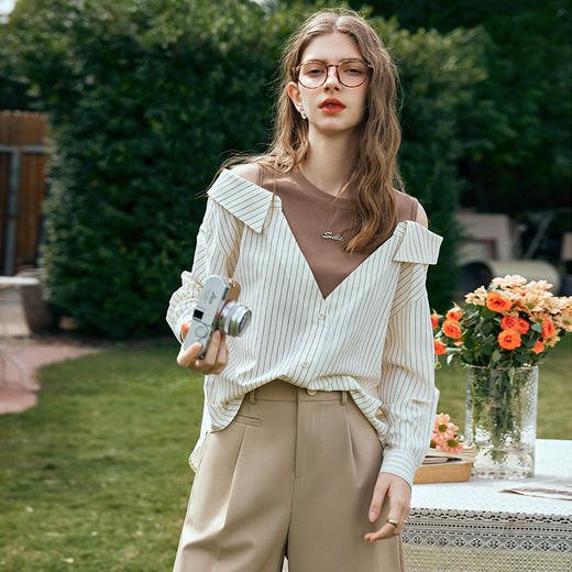 OLrain欧芮儿条纹V领衬衫女早春2024新款复古露肩长袖假两件上衣 商品图1