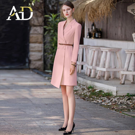 AD气质粉色连衣裙女不规则a字裙2024新款职业装西服裙长袖工作服 商品图3