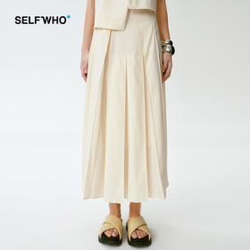 SELFWHO 嫩黄白色百褶半身裙2024春新款中长款小众设计垂坠感裙子