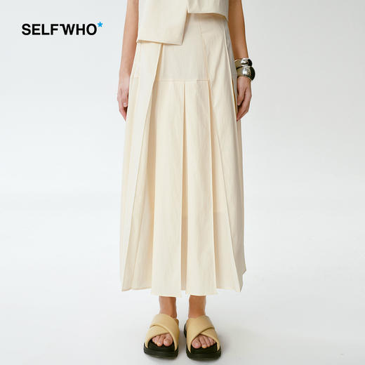 SELFWHO 嫩黄白色百褶半身裙2024春新款中长款小众设计垂坠感裙子 商品图0