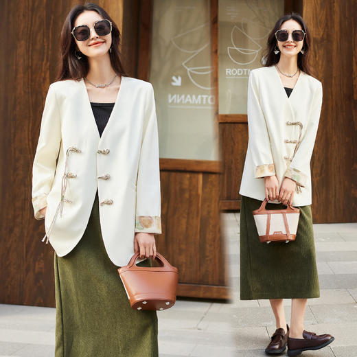 复古气质，新中式女盘扣V领西装外套显瘦设计感春秋新款小西服HR-XXQ9112 商品图1