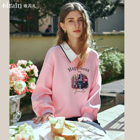 OLrain欧芮儿粉色套头卫衣女早春2024年新款宽松显瘦浪漫印花长袖