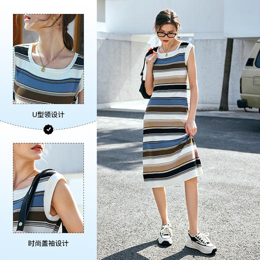 OLrain欧芮儿条纹连衣裙女早春2024年新款气质收腰针织无袖裙子 商品图3