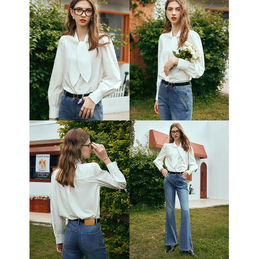 OLrain欧芮儿法式米白色雪纺衫女早春2024年新款气质时尚绑结衬衫 商品图2