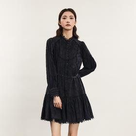 谜底连衣裙长袖2024春季新款复古文艺花边领提花中长裙241ML0144