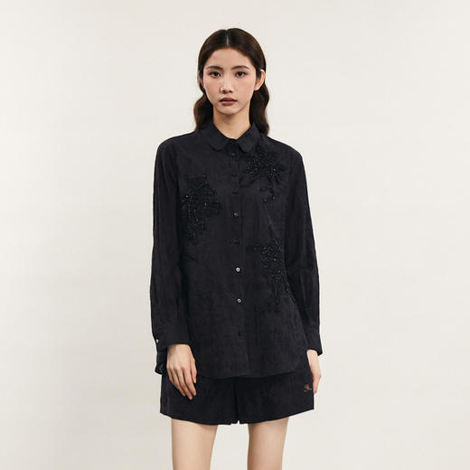 谜底衬衣套装女2024春新款绣花衬衫长袖直筒短裤两件套241MTZ0127 商品图0