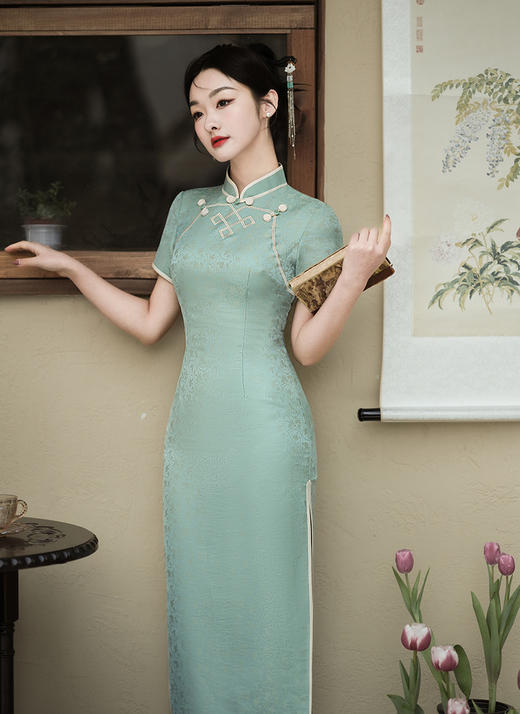 春夏新款，清新淡雅盘扣立领暗花长款改良旗袍XL-24116 商品图3