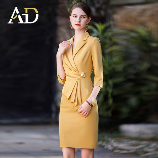 AD高级感主持人正装中袖假两件连衣裙气质包臀裙子 商品图3