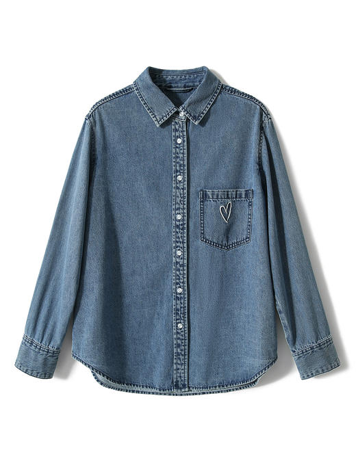 百媚生 休闲百搭爱心刺绣棉长袖牛仔衬衫上衣6444 商品图4