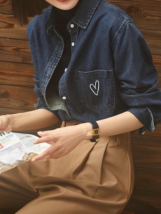 百媚生 休闲百搭爱心刺绣棉长袖牛仔衬衫上衣6444 商品图1