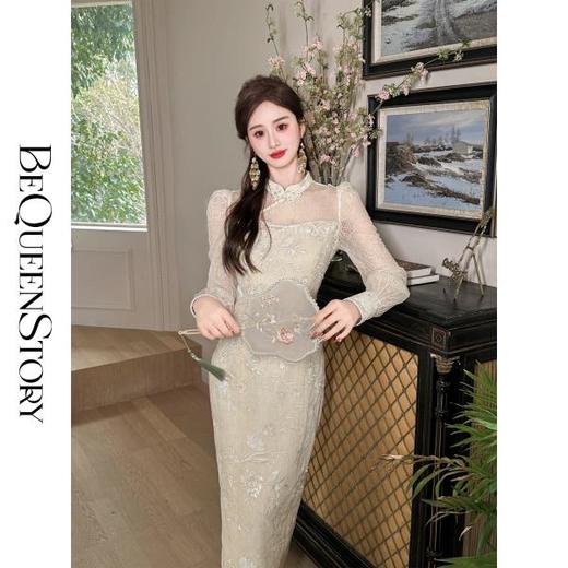 【孤品样衣，不退不换】【南国明珠】新中式丝绒刺绣网纱流苏盘扣泡泡袖连衣裙 商品图4