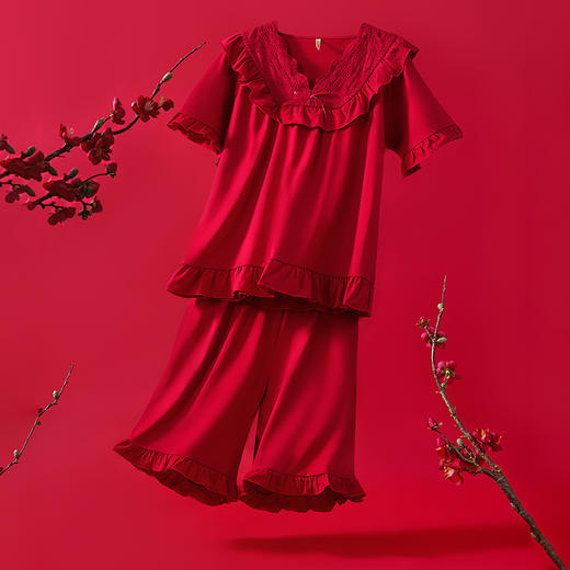 都市丽人生活家居春夏睡衣女32支纯棉单面家居服薄款短袖短裤女士纯棉套装新年本命年红品LH42C4 商品图1