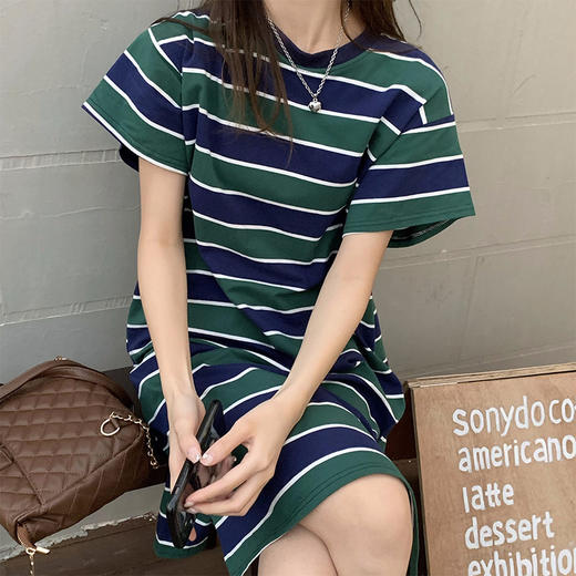 2025夏季新款【侧隐藏口袋 条纹连衣裙女纯棉 】韩版宽松开衩显瘦中长款T恤裙子 商品图0