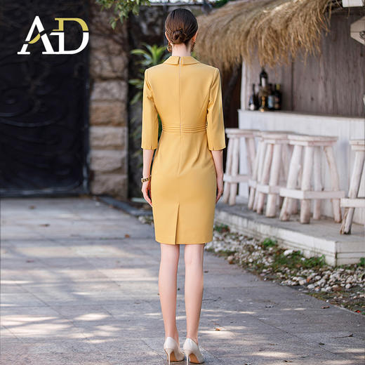 AD御姐范职业连衣裙女秋季七分袖黄色工作服时尚气质假两件丝裙子 商品图4