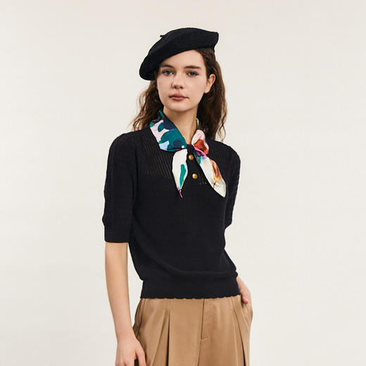 谜底套头针织上衣短袖女2024春款复古可拆卸丝巾领毛衫241MZ0348 商品图1