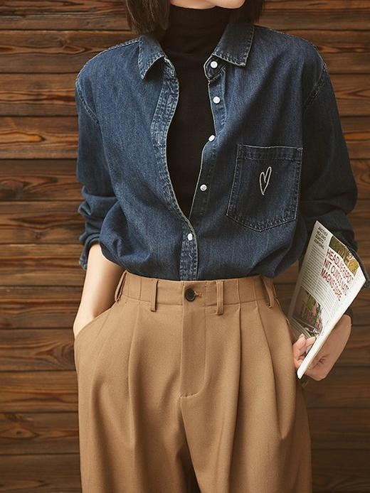 百媚生 休闲百搭爱心刺绣棉长袖牛仔衬衫上衣6444 商品图2