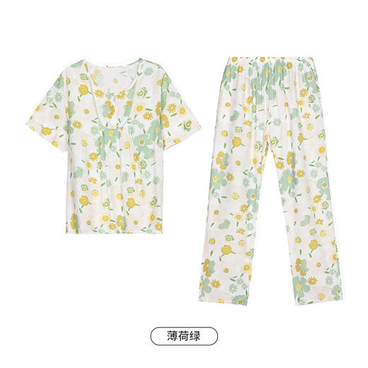 都市丽人好睡好眠春夏睡衣女梭织印花家居服薄款短袖长裤女士梭织棉套装LH42A1 商品图5