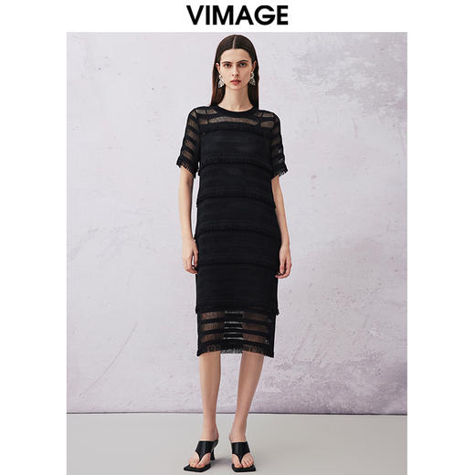 VIMAGE纬漫纪夏新款蕾丝镂空性感透视两件套中长连衣裙女V2107732 商品图5