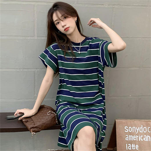 2025夏季新款【侧隐藏口袋 条纹连衣裙女纯棉 】韩版宽松开衩显瘦中长款T恤裙子 商品图2