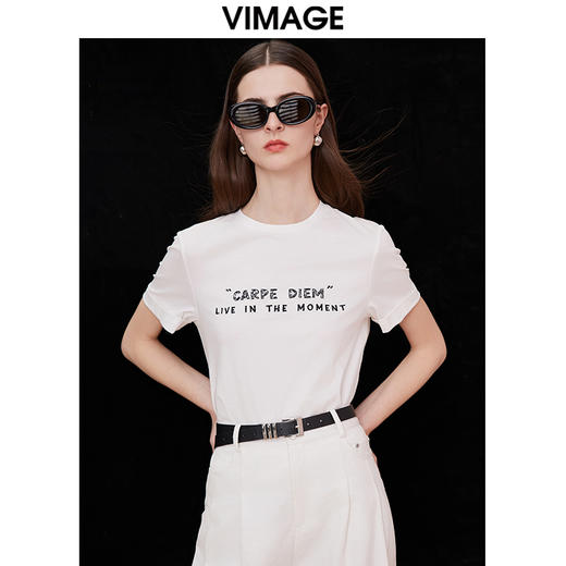 VIMAGE纬漫纪夏季新款时尚百搭打底舒适圆领印花T恤女V2102705 商品图3