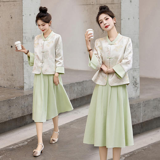 新中式国风印花套装裙，修身复古中长款连衣裙两件套HR-GJC9223 商品图1