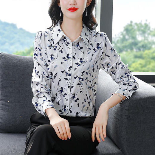 KQLA83N6938印花长袖时尚通勤仿真丝OL衬衫 商品图0