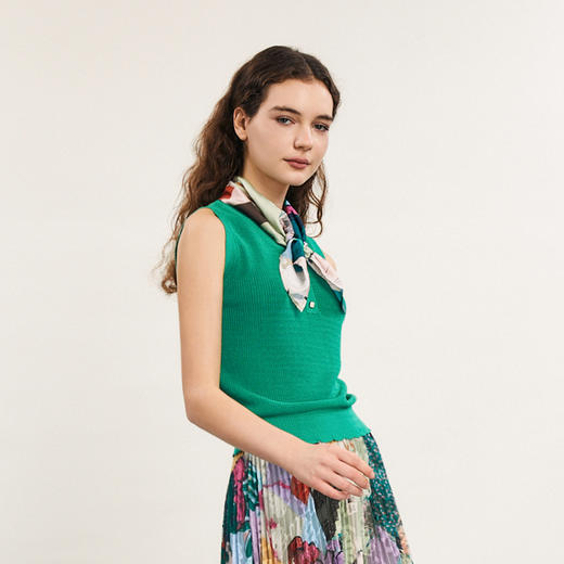 谜底套头针织上衣无袖女2024春款复古可拆卸丝巾领毛衫241MZ0337 商品图1