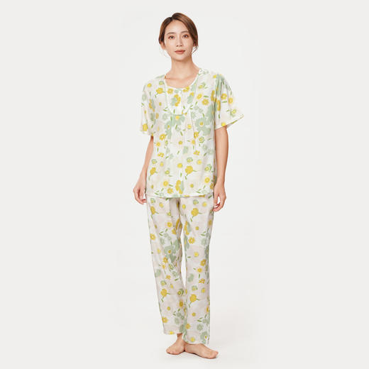 都市丽人好睡好眠春夏睡衣女梭织印花家居服薄款短袖长裤女士梭织棉套装LH42A1 商品图2