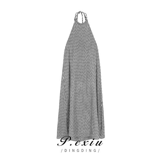 01-1 潘依绣丁丁宠粉法式夏季宽松显瘦露背挂脖条纹连衣裙 Z5445 商品图0