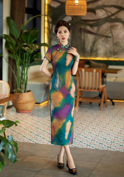 日常气质，春季长款丝绸双层旗袍改良中式复古旗袍ZA-5187 商品图0