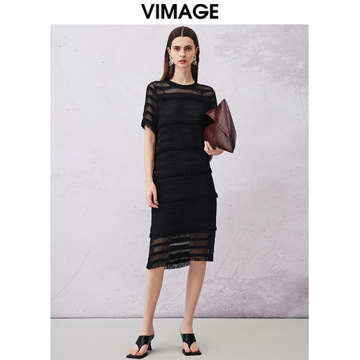 VIMAGE纬漫纪夏新款蕾丝镂空性感透视两件套中长连衣裙女V2107732 商品图0