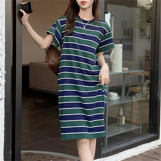 2025夏季新款【侧隐藏口袋 条纹连衣裙女纯棉 】韩版宽松开衩显瘦中长款T恤裙子 商品图1
