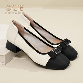 信诺舒适粗跟单鞋2024年新款春季中年小香风真皮女士小皮鞋妈妈鞋24C5009-6