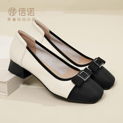 信诺舒适粗跟单鞋2024年新款春季中年小香风真皮女士小皮鞋妈妈鞋24C5009-6 商品图0
