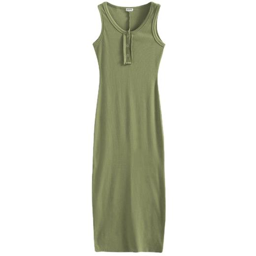 2025夏季【背心连衣裙 吊带长裙无袖】纯色优棉收腰显瘦 紧身气质纽扣裙 商品图4