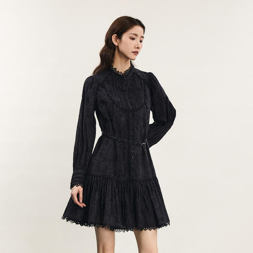 谜底连衣裙长袖2024春季新款复古文艺花边领提花中长裙241ML0144 商品图2