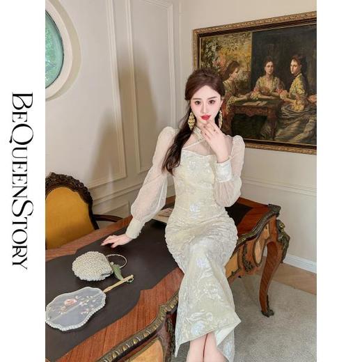 【孤品样衣，不退不换】【南国明珠】新中式丝绒刺绣网纱流苏盘扣泡泡袖连衣裙 商品图0