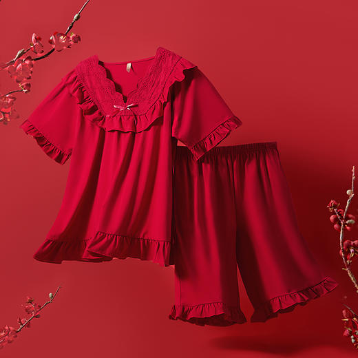 都市丽人生活家居春夏睡衣女32支纯棉单面家居服薄款短袖短裤女士纯棉套装新年本命年红品LH42C4 商品图2