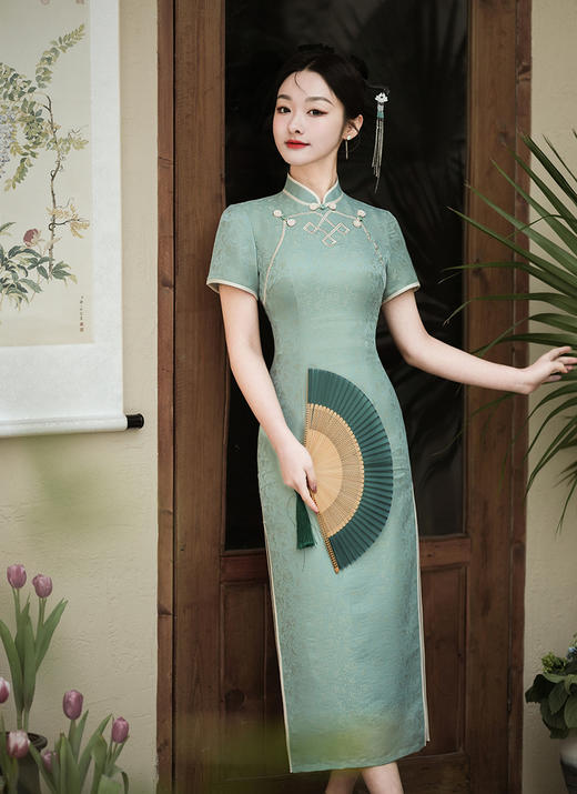 春夏新款，清新淡雅盘扣立领暗花长款改良旗袍XL-24116 商品图0