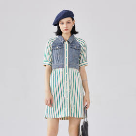 谜底牛仔拼接条纹连衣裙短袖2024春新款复古翻领中长裙241ML0155