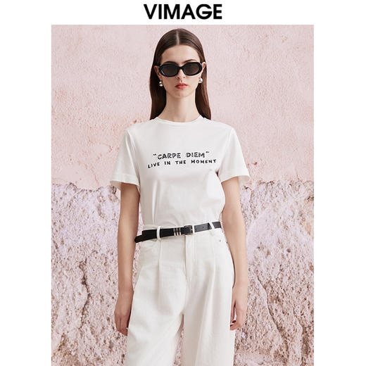 VIMAGE纬漫纪夏季新款时尚百搭打底舒适圆领印花T恤女V2102705 商品图0