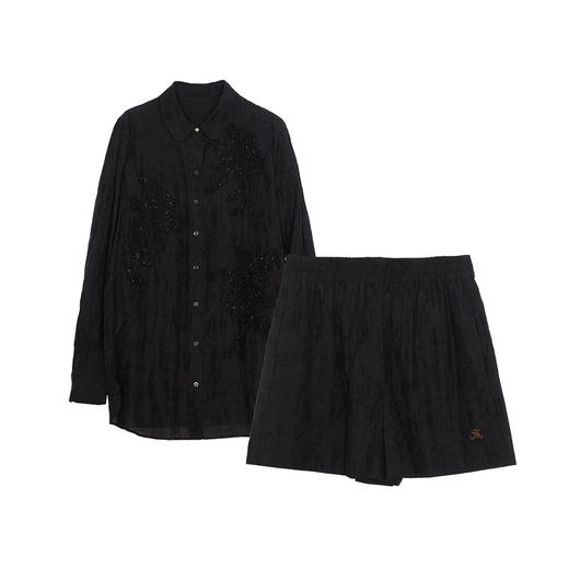 谜底衬衣套装女2024春新款绣花衬衫长袖直筒短裤两件套241MTZ0127 商品图4