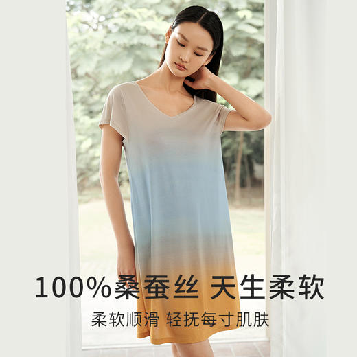 深睡眠蚕丝睡衣】100%桑蚕丝女真丝针织睡裙女短袖家居服金三塔 YZFEA304 商品图1