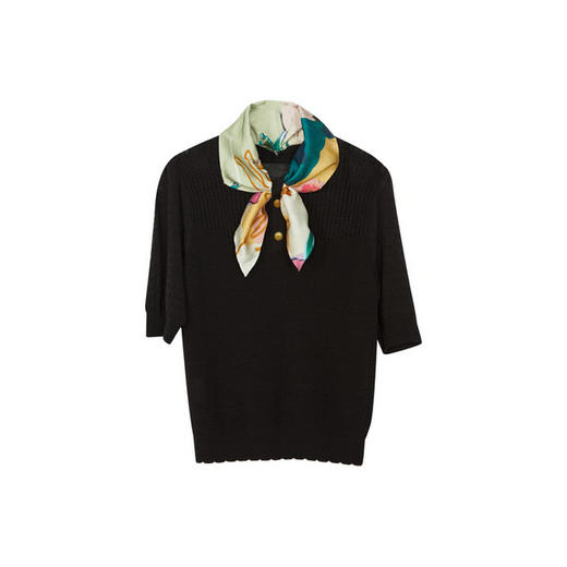 谜底套头针织上衣短袖女2024春款复古可拆卸丝巾领毛衫241MZ0348 商品图4